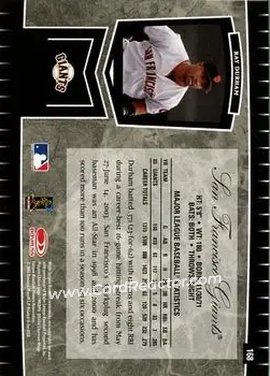 2004 Leaf Certified Cuts #168 - Ray Durham - San Francisco Giants - Back 2004 Leaf Certified Cuts #168 - Ray Durham - San Francisco Giants - Back