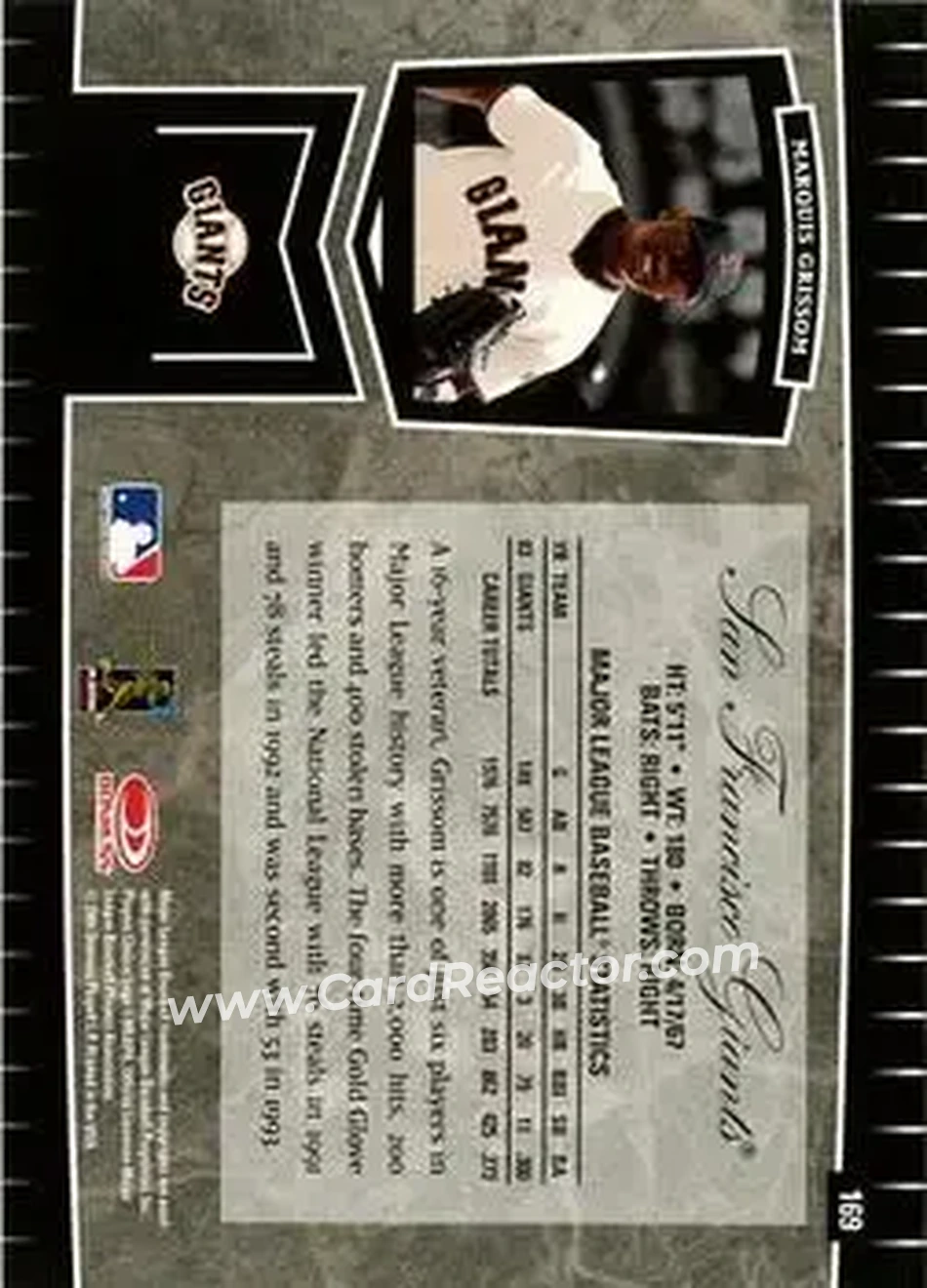 2004 Leaf Certified Cuts #169 - Marquis Grissom - San Francisco Giants - Back