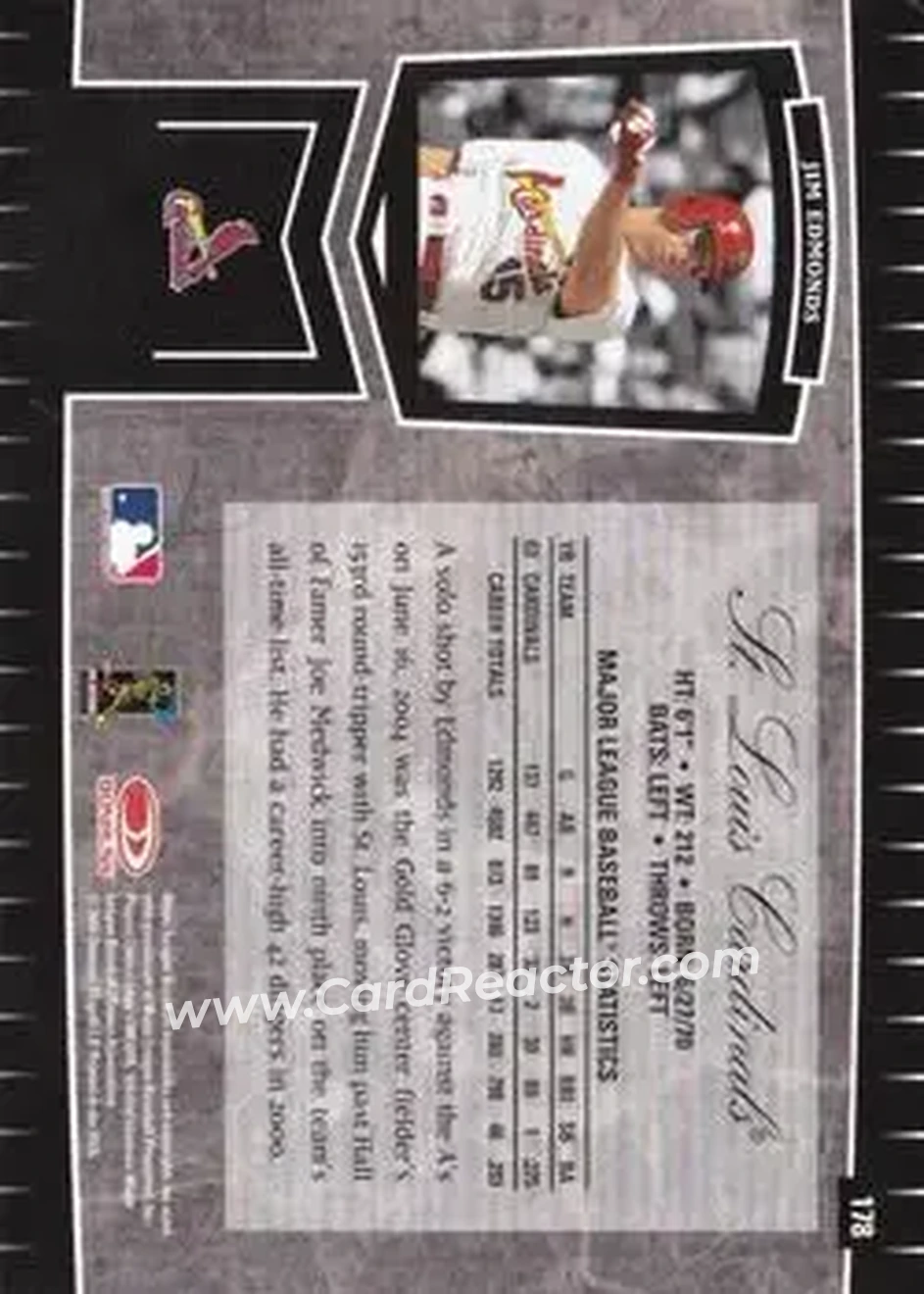2004 Leaf Certified Cuts #178 - Jim Edmonds - St. Louis Cardinals - Back 2004 Leaf Certified Cuts #178 - Jim Edmonds - St. Louis Cardinals - Back