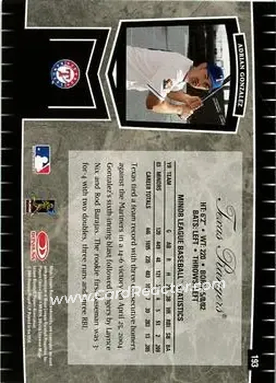 2004 Leaf Certified Cuts #193 - Adrian Gonzalez - Texas Rangers - Back