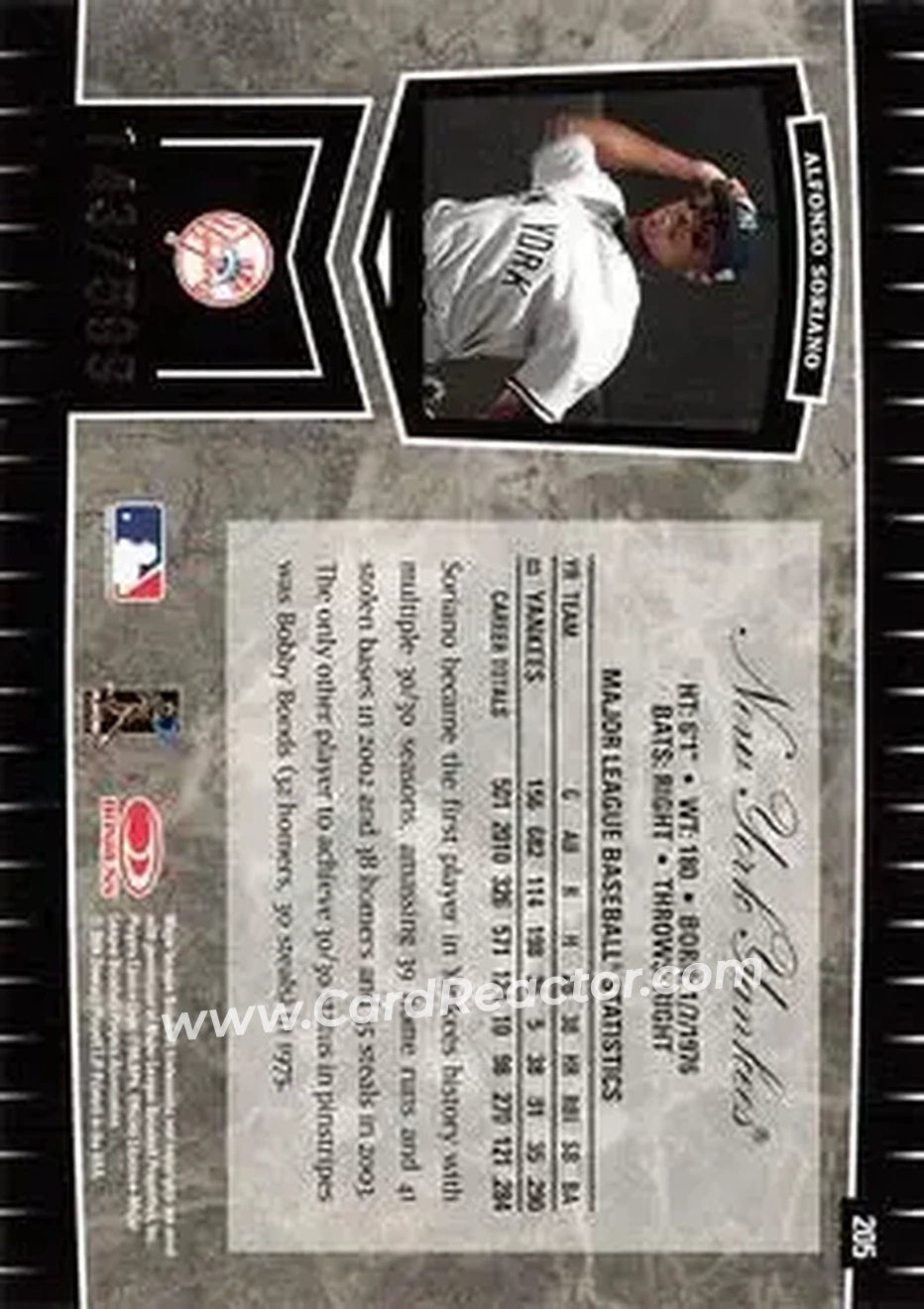 2004 Leaf Certified Cuts #205 - Alfonso Soriano - New York Yankees - Back