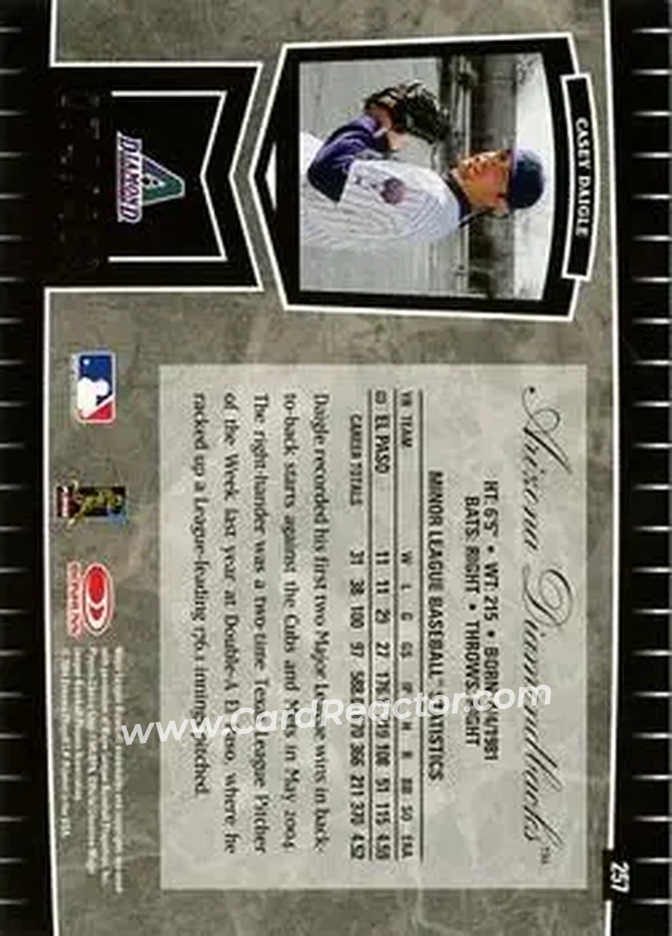 2004 Leaf Certified Cuts #257 - Casey Daigle - Arizona Diamondbacks - Back