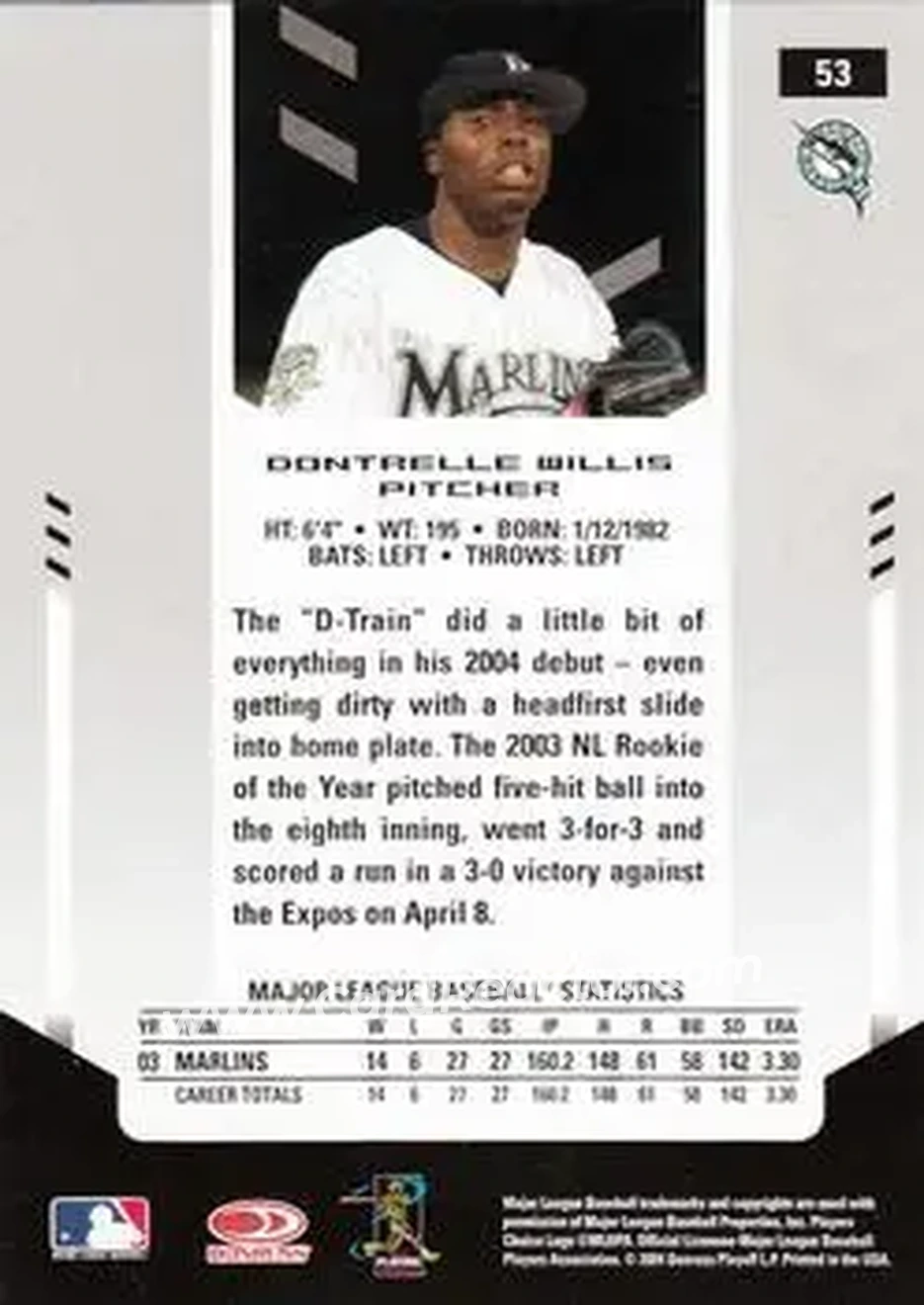 2004 Leaf Certified Materials #53 - Dontrelle Willis - Florida Marlins - Back
