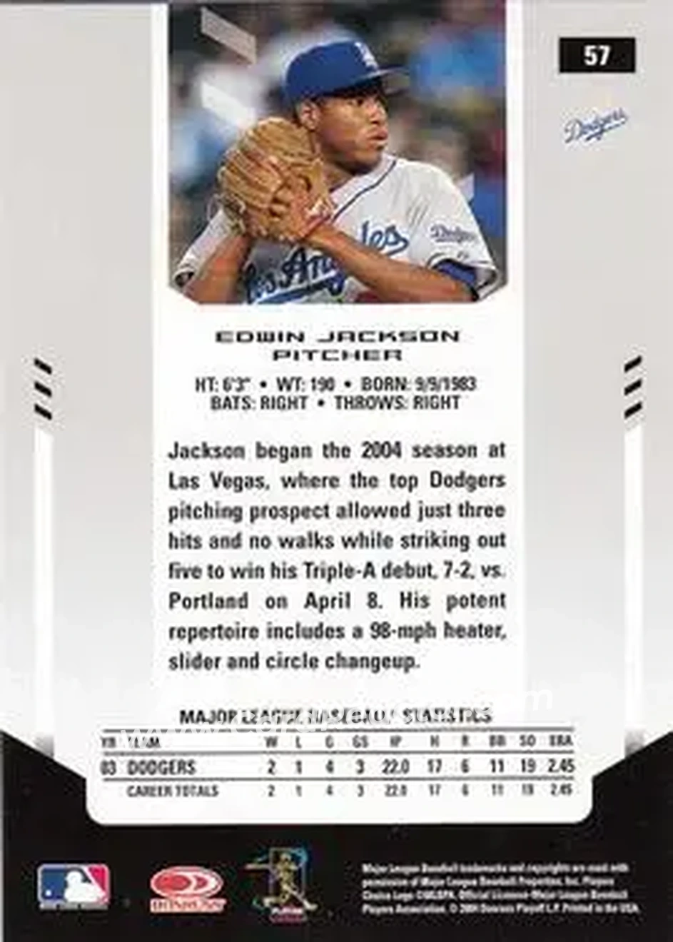 2004 Leaf Certified Materials #57 - Edwin Jackson - Los Angeles Dodgers - Back 2004 Leaf Certified Materials #57 - Edwin Jackson - Los Angeles Dodgers - Back