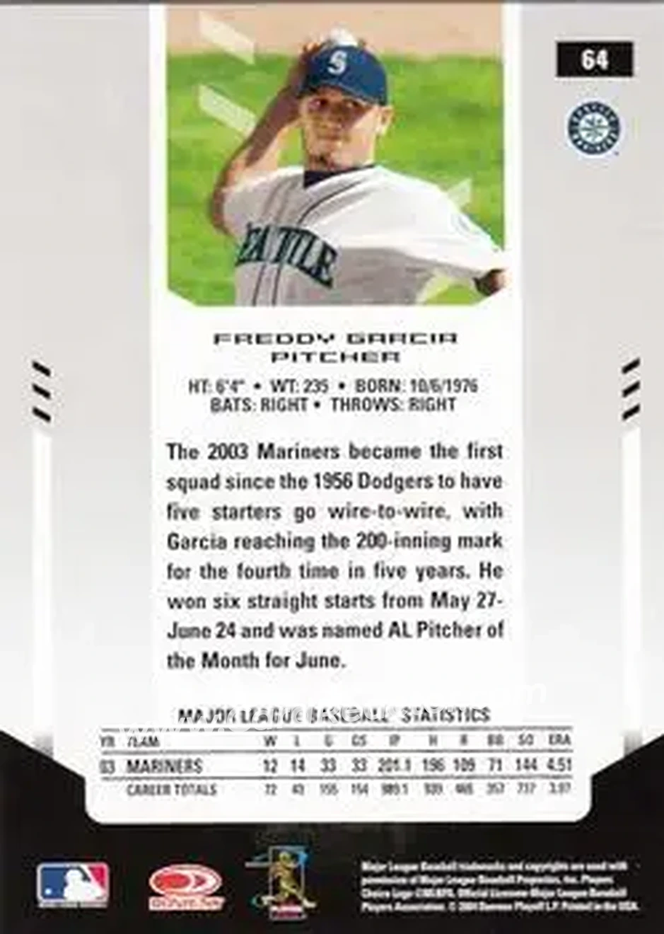 2004 Leaf Certified Materials #64 - Freddy Garcia - Seattle Mariners - Back