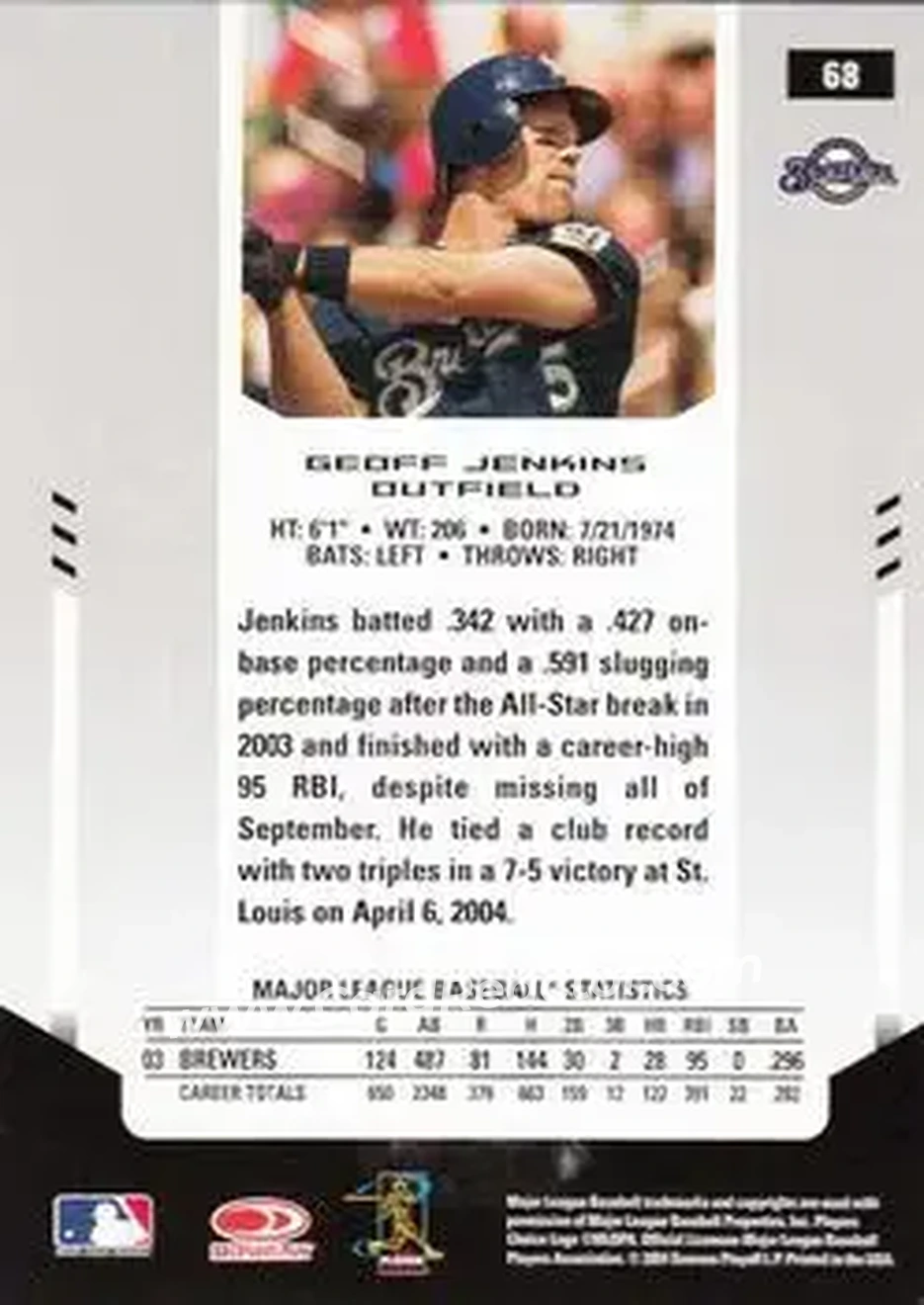 2004 Leaf Certified Materials #68 - Geoff Jenkins - Milwaukee Brewers - Back