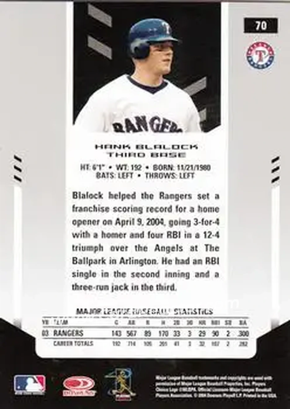 2004 Leaf Certified Materials #70 - Hank Blalock - Texas Rangers - Back