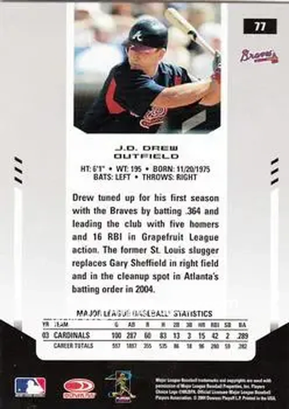 2004 Leaf Certified Materials #77 - J.D. Drew - Atlanta Braves - Back