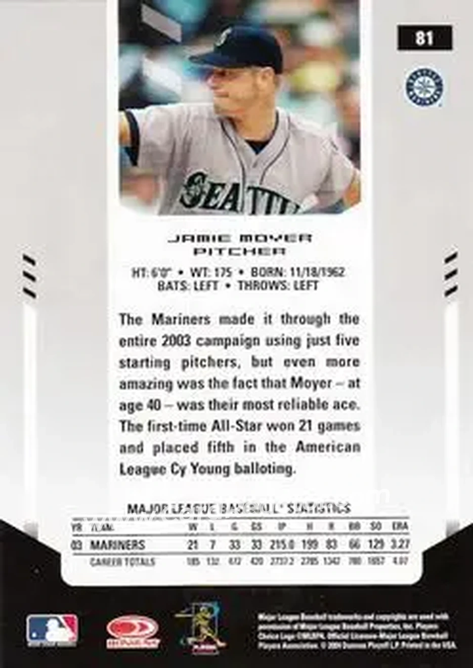 2004 Leaf Certified Materials #81 - Jamie Moyer - Seattle Mariners - Back
