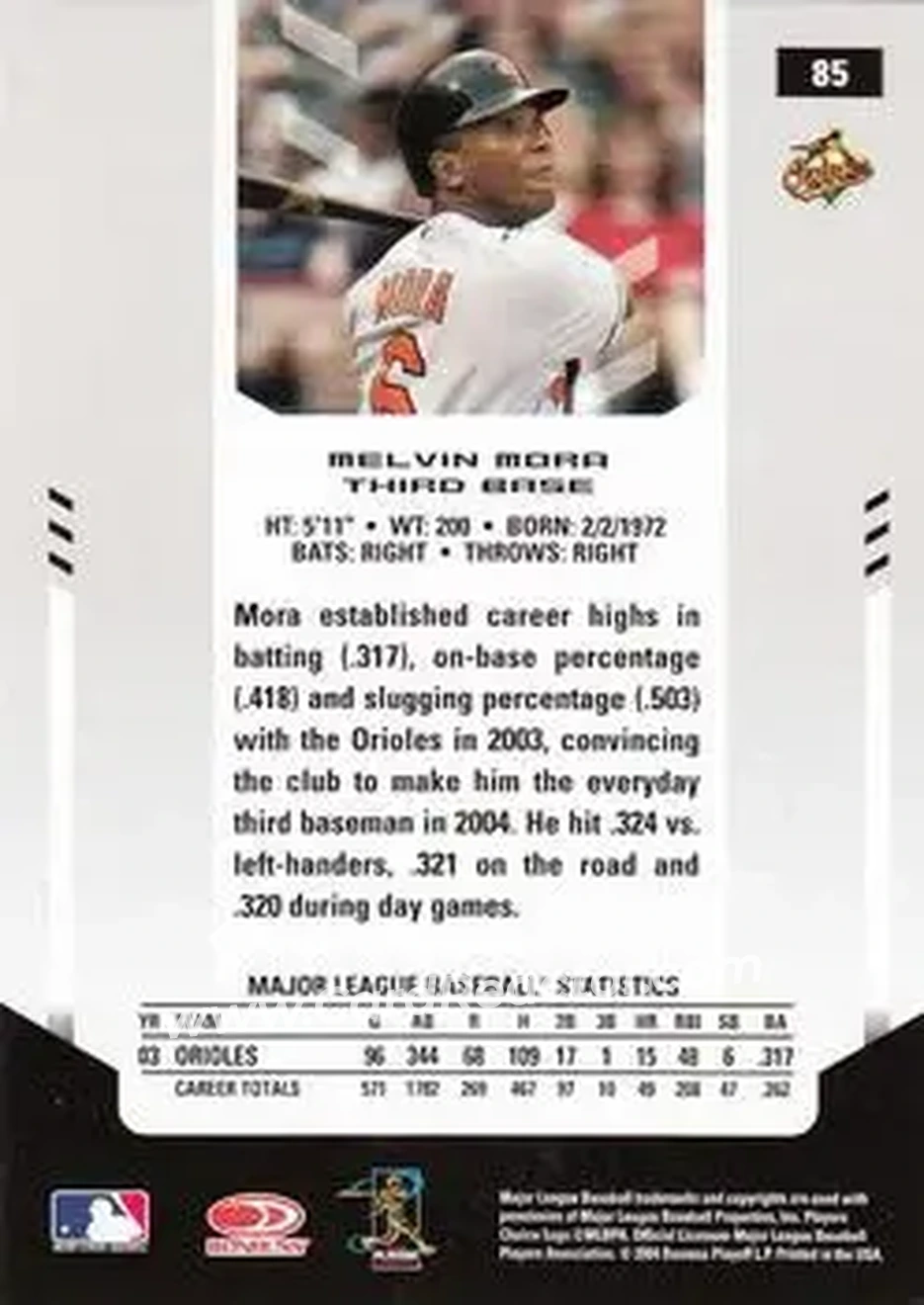 2004 Leaf Certified Materials #85 - Melvin Mora - Baltimore Orioles - Back