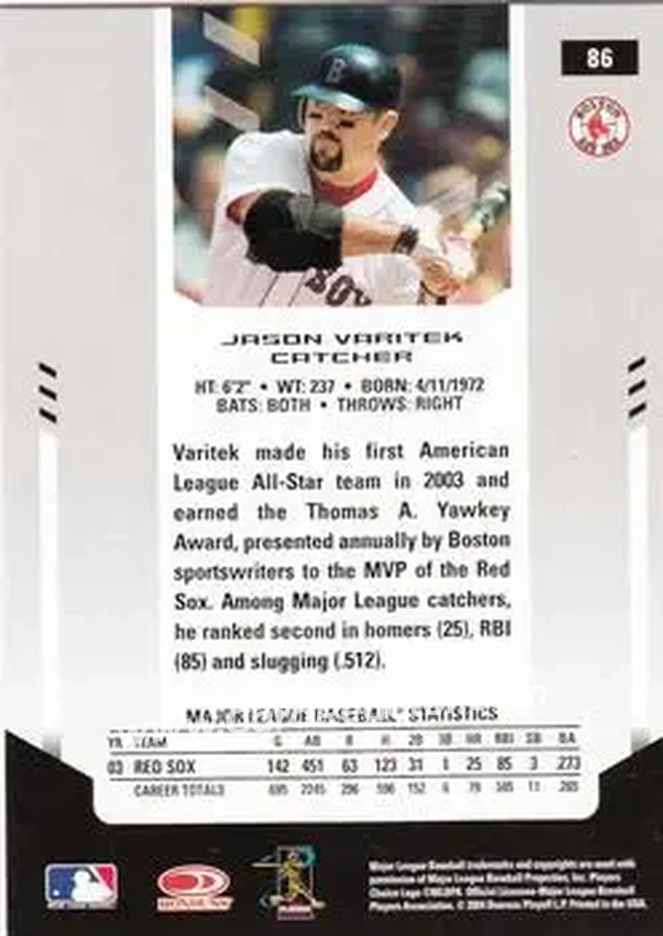 2004 Leaf Certified Materials #86 - Jason Varitek - Boston Red Sox - Back
