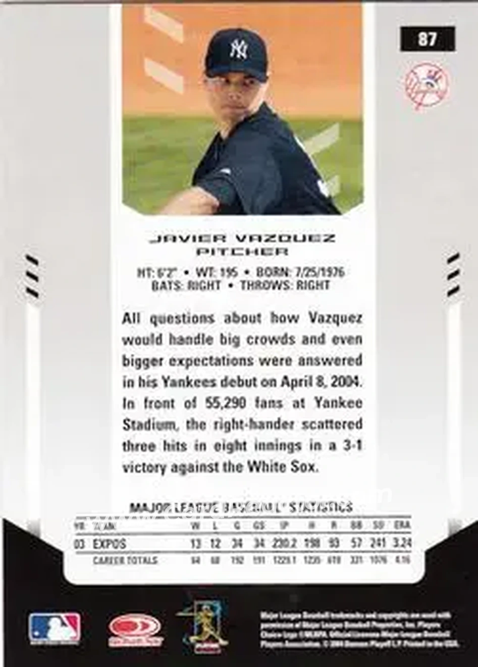 2004 Leaf Certified Materials #87 - Javier Vazquez - New York Yankees - Back 2004 Leaf Certified Materials #87 - Javier Vazquez - New York Yankees - Back