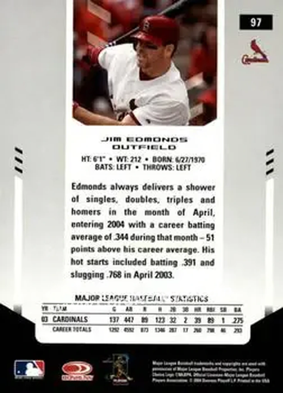 2004 Leaf Certified Materials #97 - Jim Edmonds - St. Louis Cardinals - Back