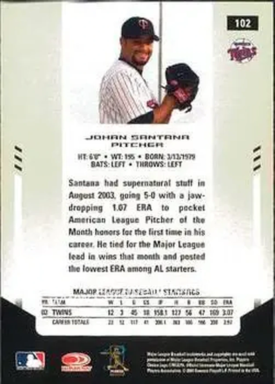 2004 Leaf Certified Materials #102 - Johan Santana - Minnesota Twins - Back