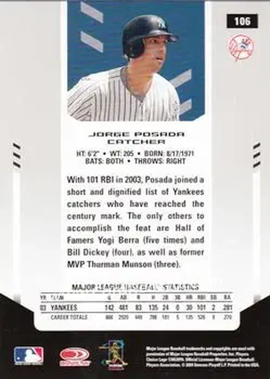 2004 Leaf Certified Materials #106 - Jorge Posada - New York Yankees - Back 2004 Leaf Certified Materials #106 - Jorge Posada - New York Yankees - Back