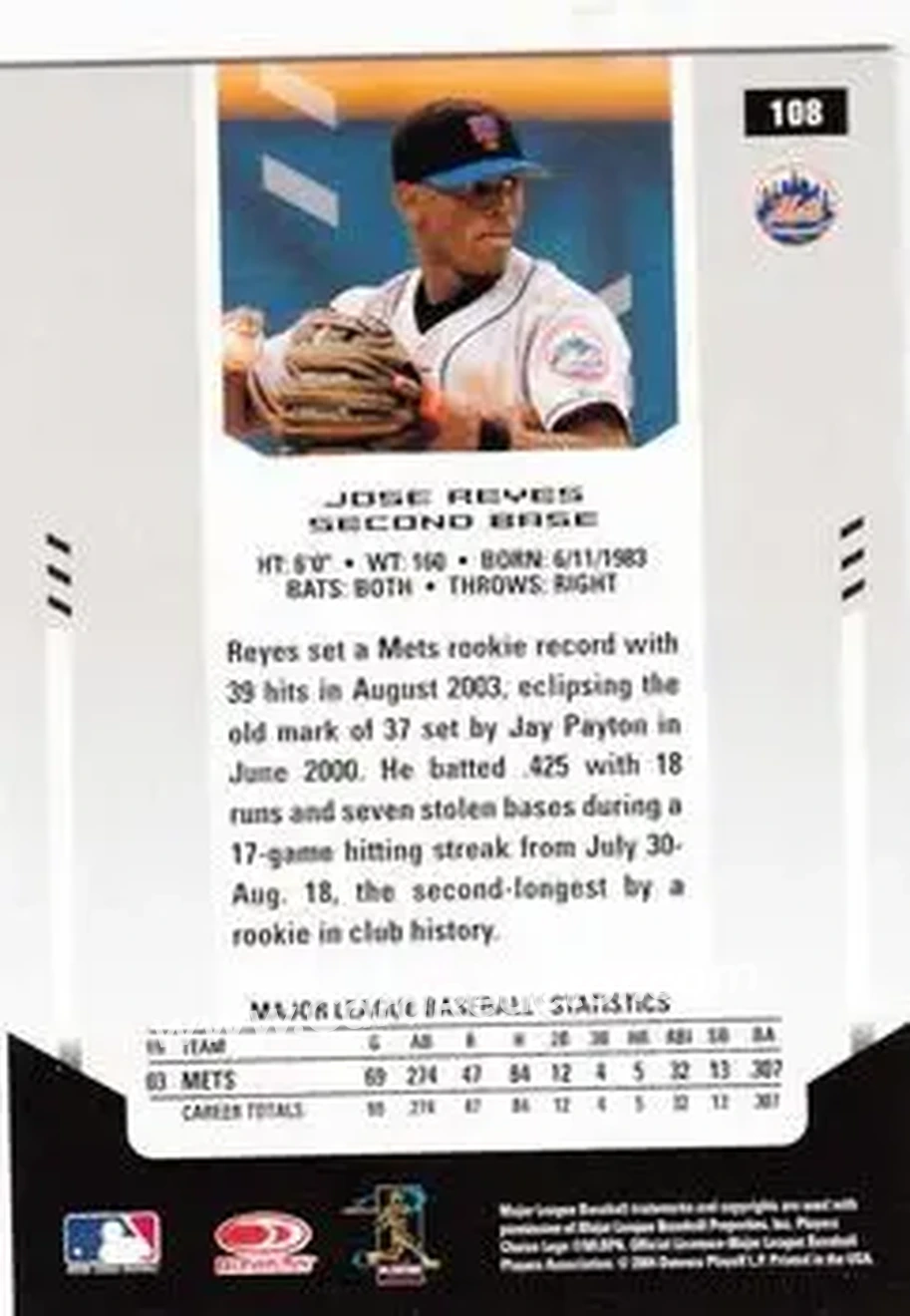 2004 Leaf Certified Materials #108 - Jose Reyes - New York Mets - Back 2004 Leaf Certified Materials #108 - Jose Reyes - New York Mets - Back