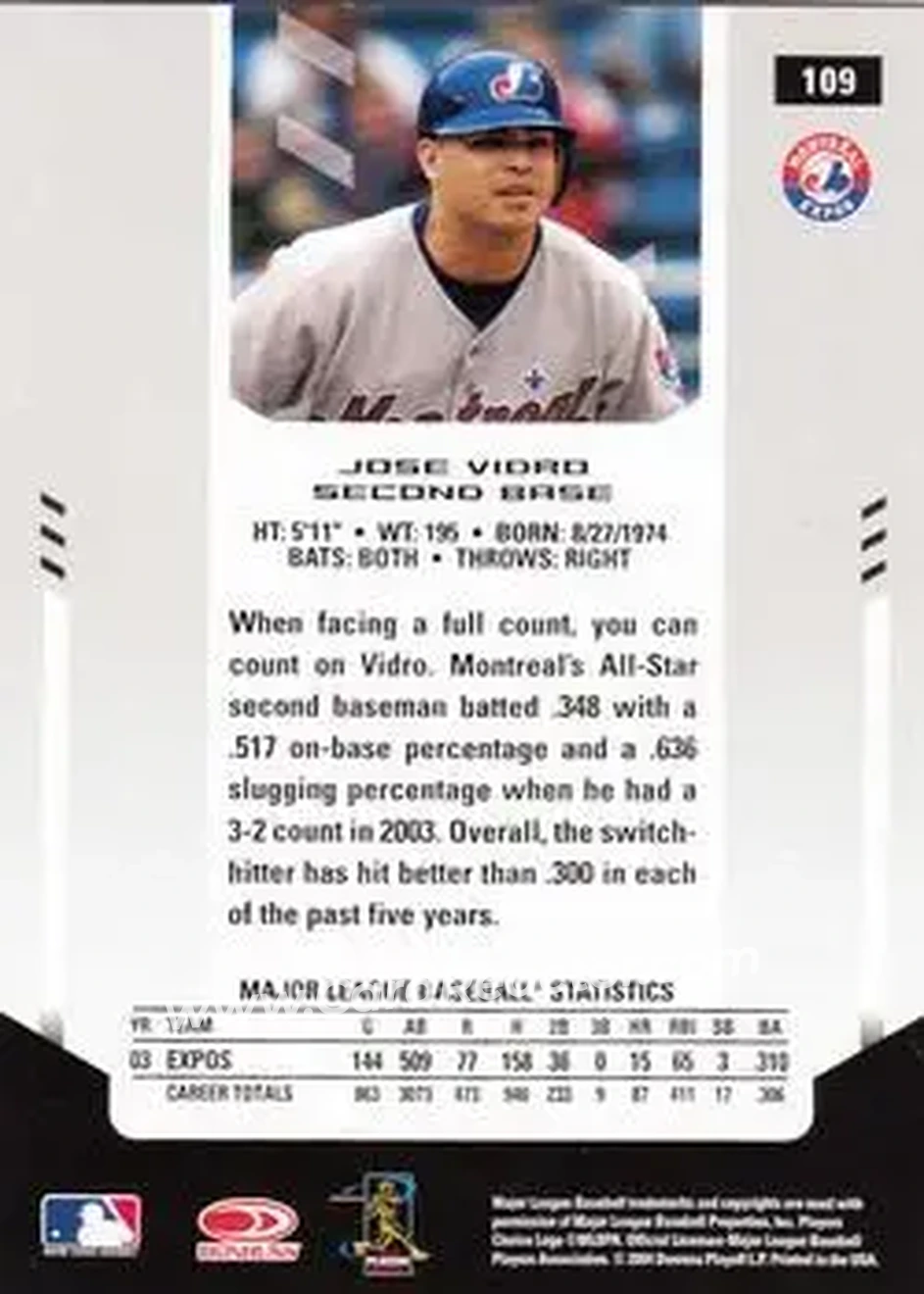 2004 Leaf Certified Materials #109 - Jose Vidro - Montreal Expos - Back