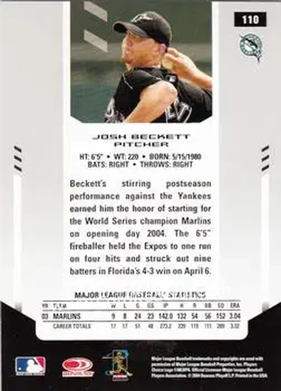 2004 Leaf Certified Materials #110 - Josh Beckett - Florida Marlins - Back