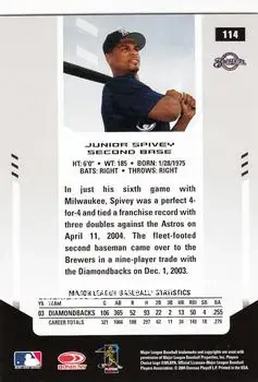 2004 Leaf Certified Materials #114 - Junior Spivey - Milwaukee Brewers - Back 2004 Leaf Certified Materials #114 - Junior Spivey - Milwaukee Brewers - Back