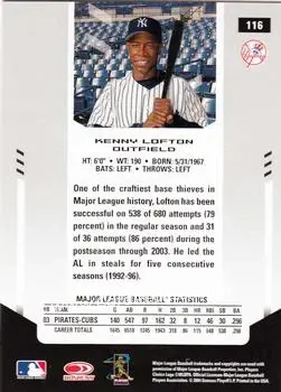 2004 Leaf Certified Materials #116 - Kenny Lofton - New York Yankees - Back