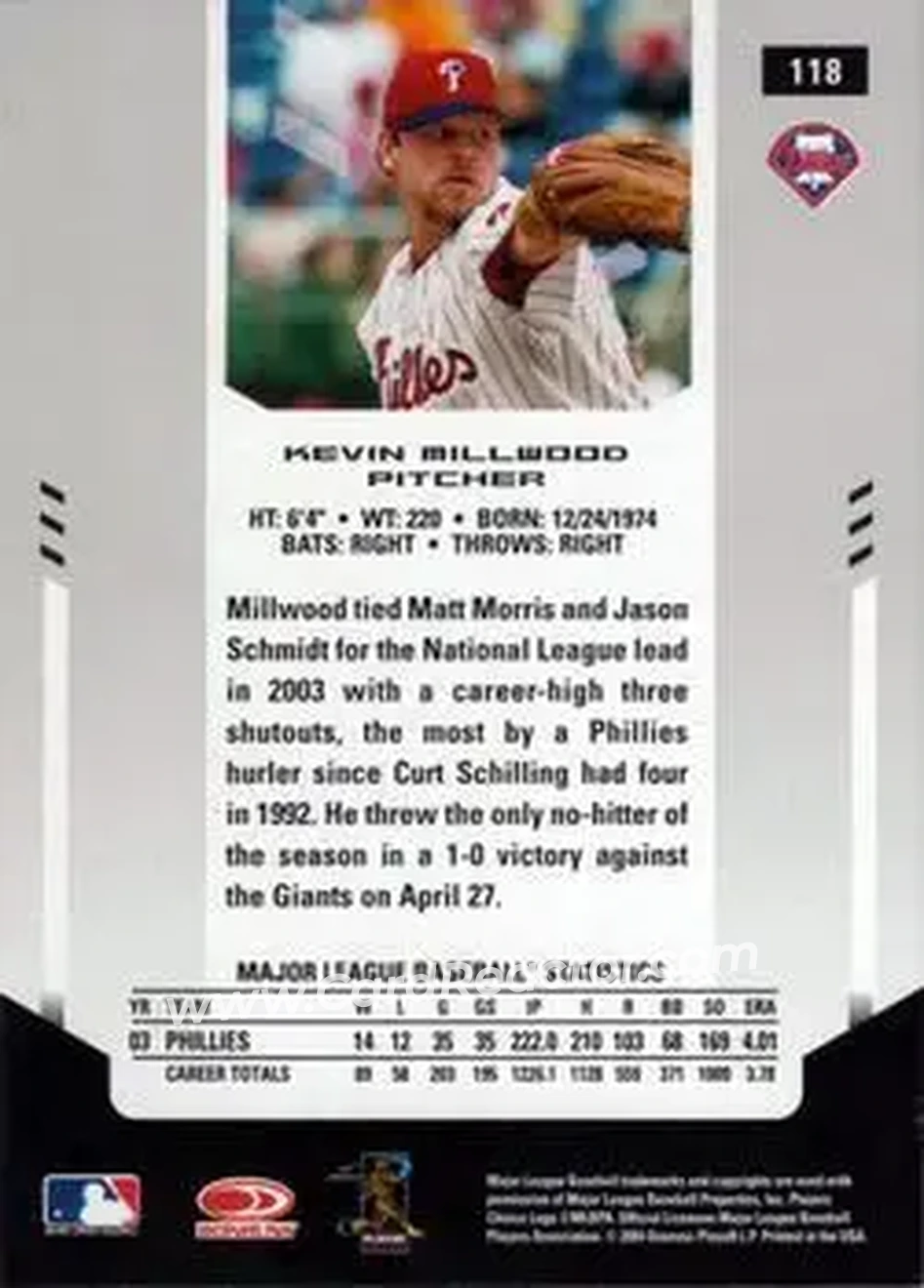 2004 Leaf Certified Materials #118 - Kevin Millwood - Philadelphia Phillies - Back