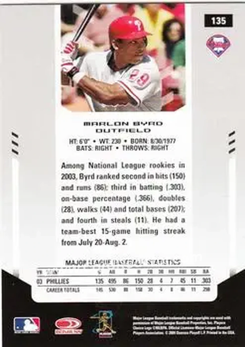 2004 Leaf Certified Materials #135 - Marlon Byrd - Philadelphia Phillies - Back