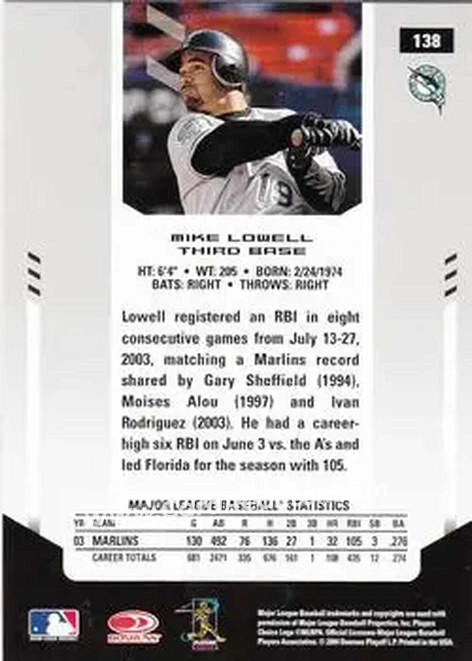 2004 Leaf Certified Materials #138 - Mike Lowell - Florida Marlins - Back