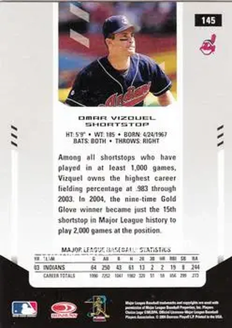 2004 Leaf Certified Materials #145 - Omar Vizquel - Cleveland Indians - Back 2004 Leaf Certified Materials #145 - Omar Vizquel - Cleveland Indians - Back