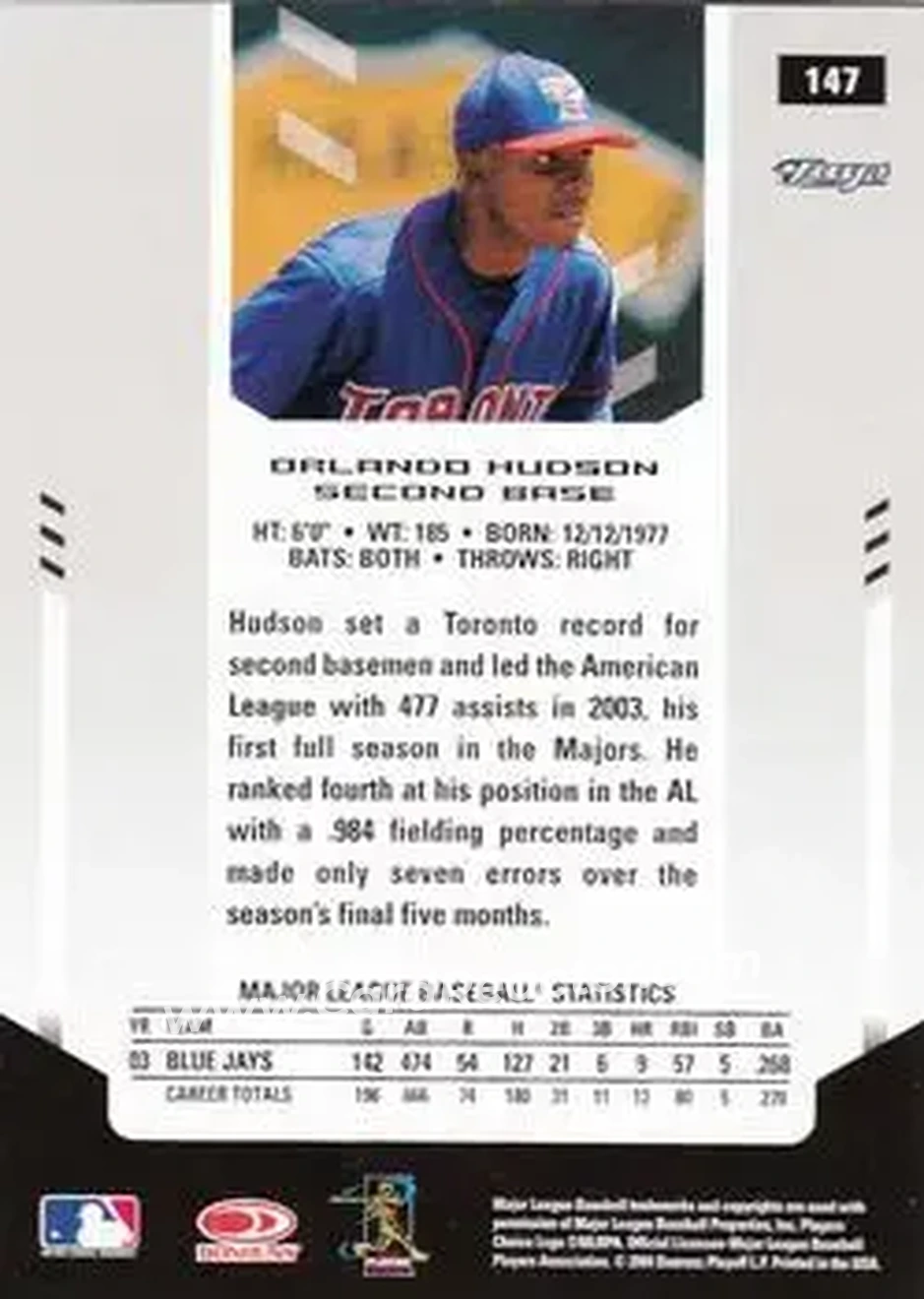 2004 Leaf Certified Materials #147 - Orlando Hudson - Toronto Blue Jays - Back 2004 Leaf Certified Materials #147 - Orlando Hudson - Toronto Blue Jays - Back