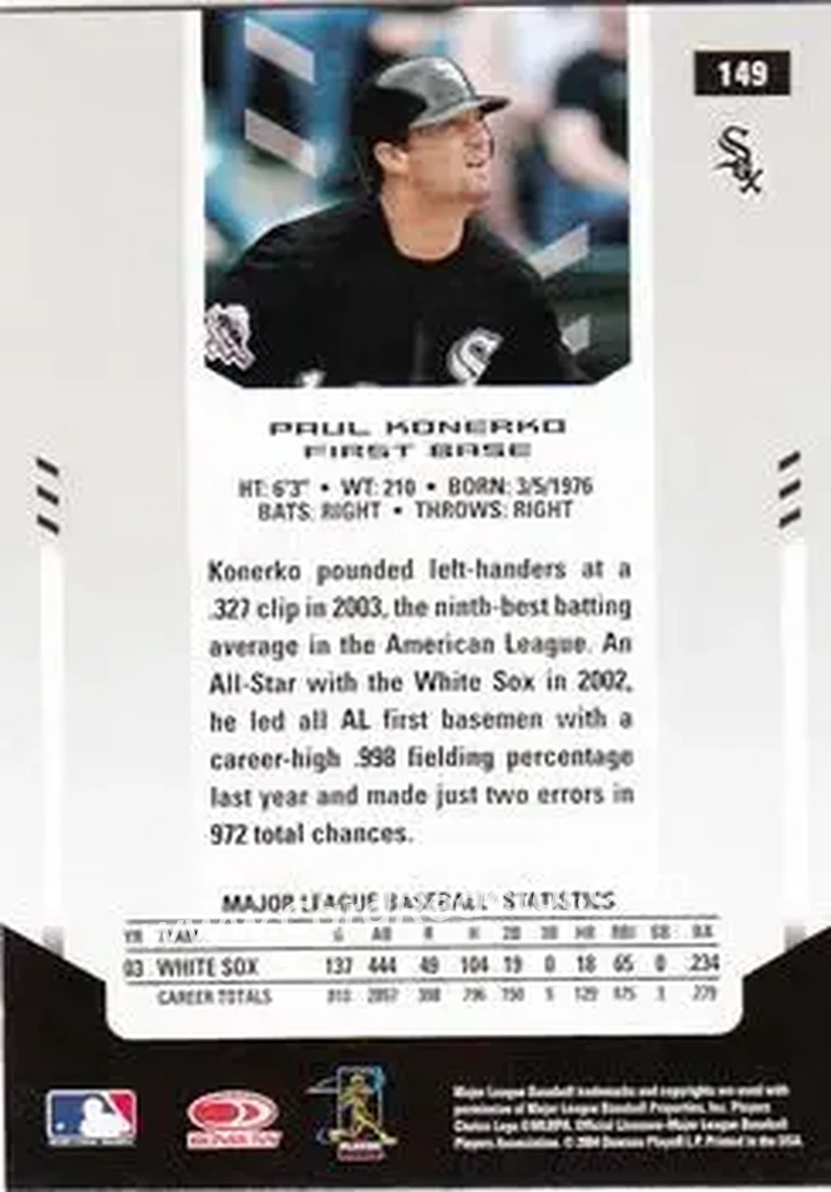 2004 Leaf Certified Materials #149 - Paul Konerko - Chicago White Sox - Back 2004 Leaf Certified Materials #149 - Paul Konerko - Chicago White Sox - Back