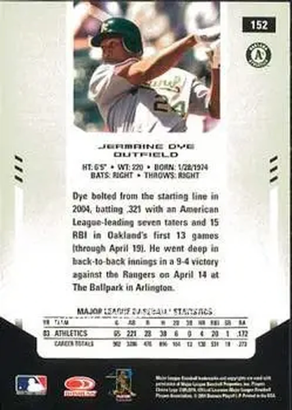 2004 Leaf Certified Materials #152 - Jermaine Dye - Oakland Athletics - Back