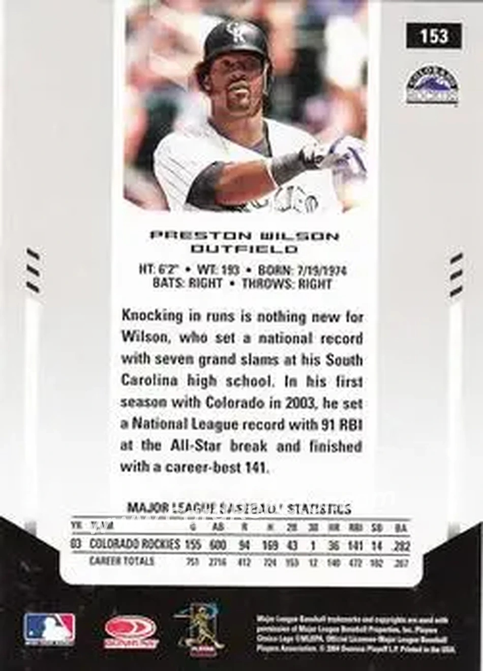 2004 Leaf Certified Materials #153 - Preston Wilson - Colorado Rockies - Back