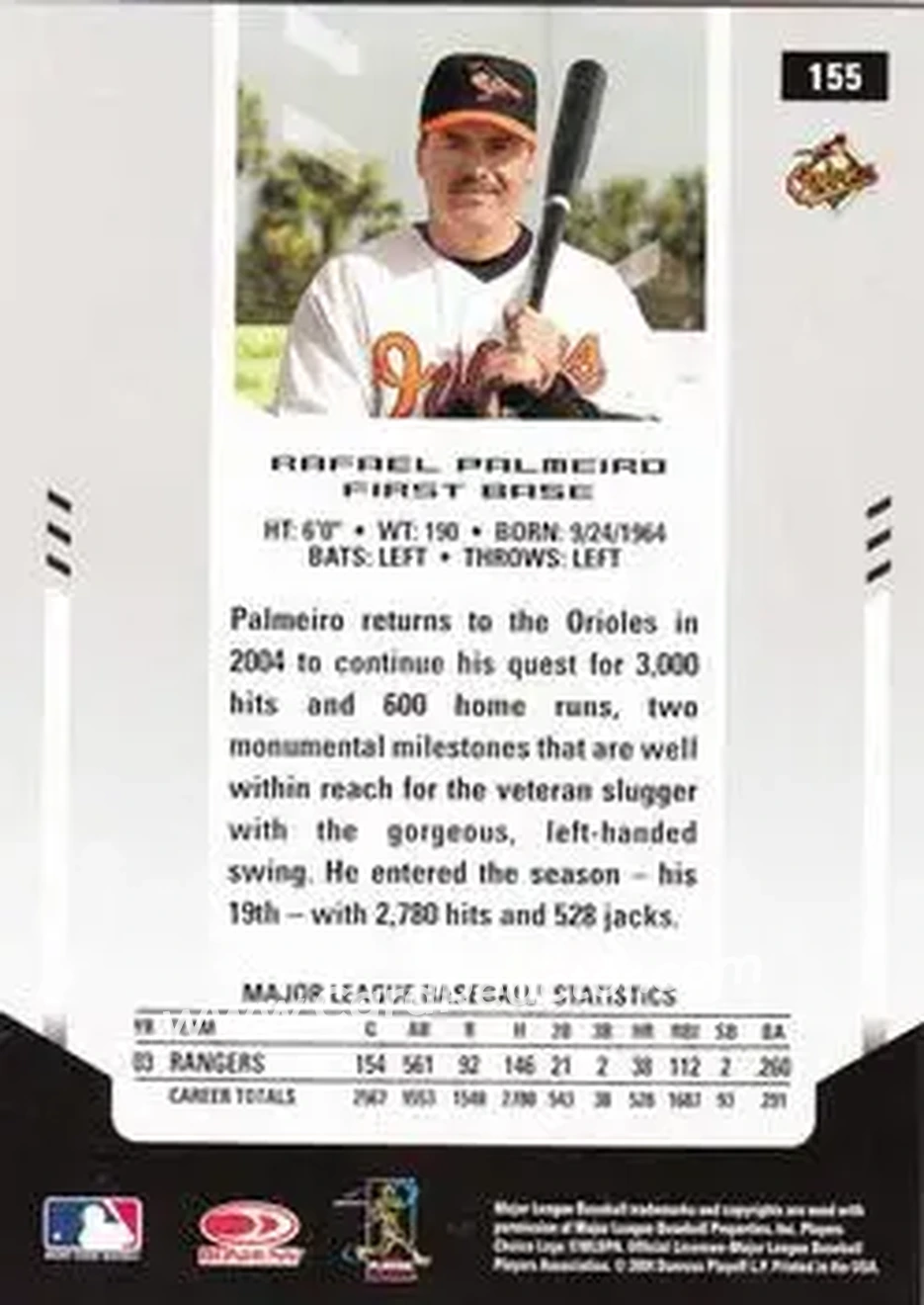 2004 Leaf Certified Materials #155 - Rafael Palmeiro - Baltimore Orioles - Back