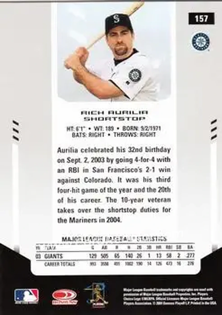2004 Leaf Certified Materials #157 - Rich Aurilia - Seattle Mariners - Back 2004 Leaf Certified Materials #157 - Rich Aurilia - Seattle Mariners - Back