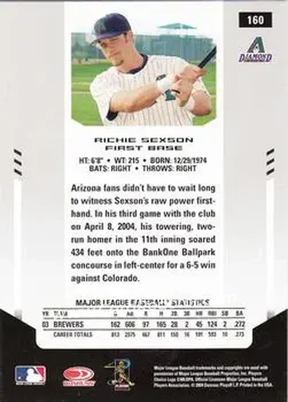 2004 Leaf Certified Materials #160 - Richie Sexson - Arizona Diamondbacks - Back 2004 Leaf Certified Materials #160 - Richie Sexson - Arizona Diamondbacks - Back