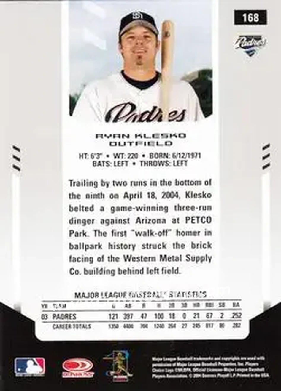 2004 Leaf Certified Materials #168 - Ryan Klesko - San Diego Padres - Back 2004 Leaf Certified Materials #168 - Ryan Klesko - San Diego Padres - Back