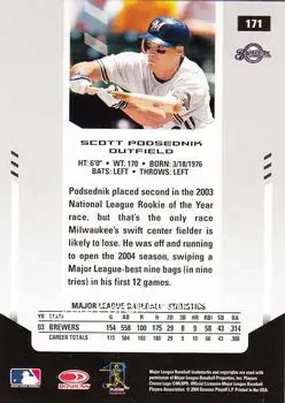 2004 Leaf Certified Materials #171 - Scott Podsednik - Milwaukee Brewers - Back