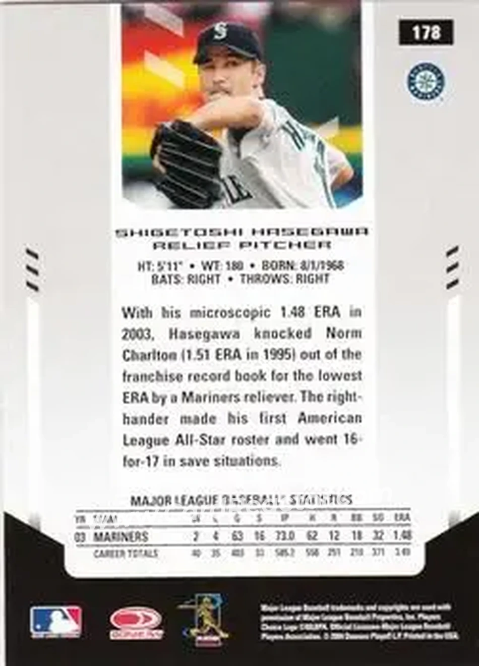 2004 Leaf Certified Materials #178 - Shigetoshi Hasegawa - Seattle Mariners - Back