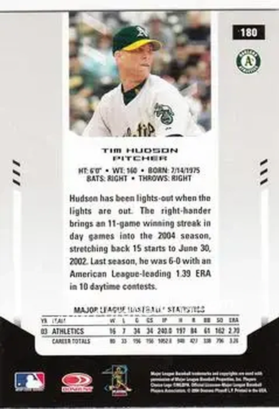 2004 Leaf Certified Materials #180 - Tim Hudson - Oakland Athletics - Back