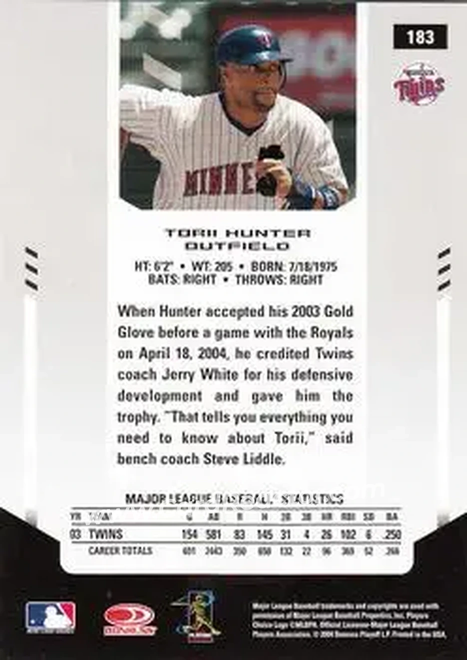 2004 Leaf Certified Materials #183 - Torii Hunter - Minnesota Twins - Back 2004 Leaf Certified Materials #183 - Torii Hunter - Minnesota Twins - Back