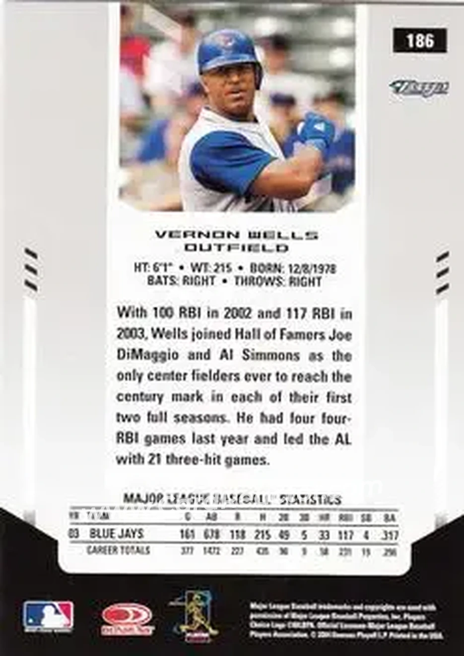 2004 Leaf Certified Materials #186 - Vernon Wells - Toronto Blue Jays - Back