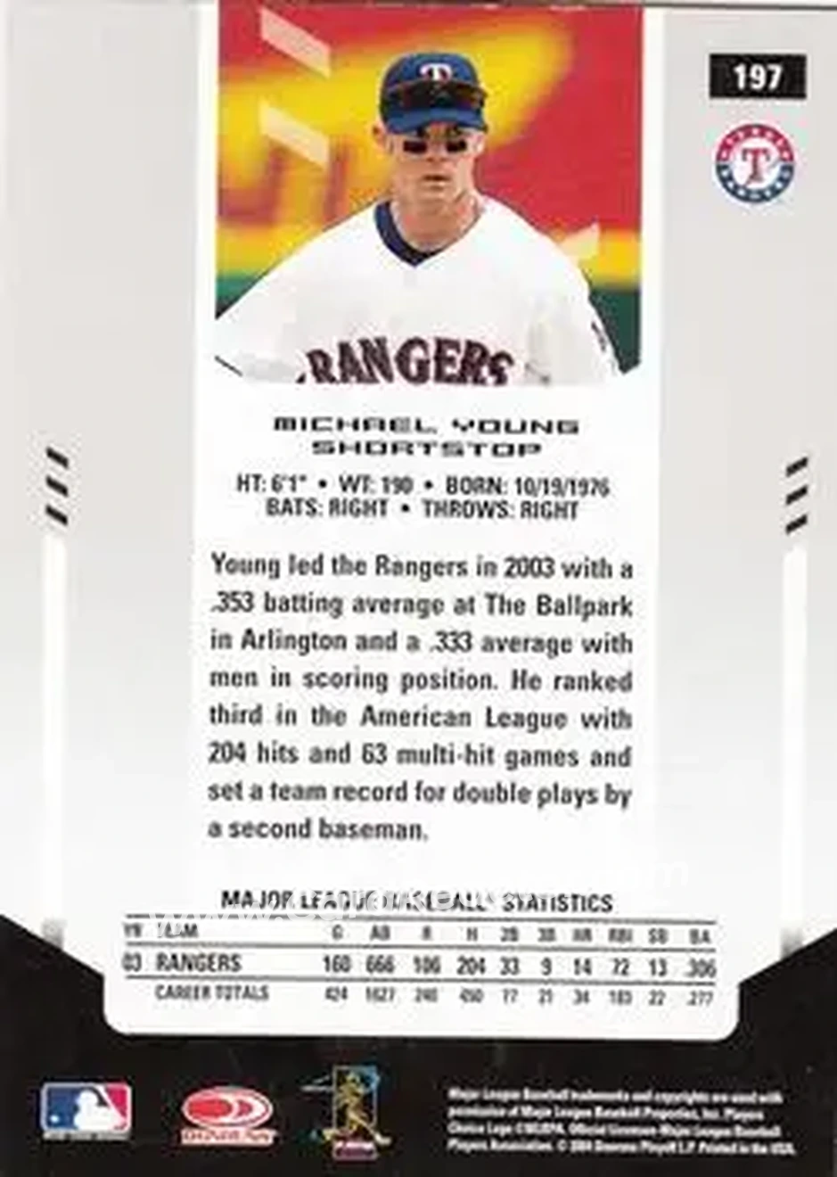 2004 Leaf Certified Materials #197 - Michael Young - Texas Rangers - Back 2004 Leaf Certified Materials #197 - Michael Young - Texas Rangers - Back