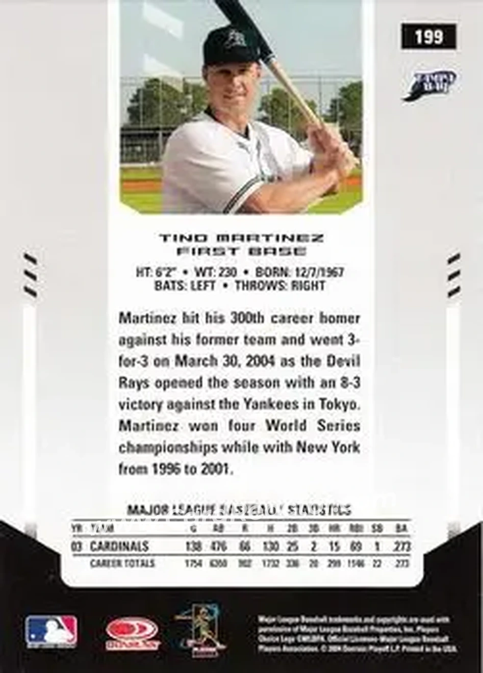 2004 Leaf Certified Materials #199 - Tino Martinez - Tampa Bay Devil Rays - Back