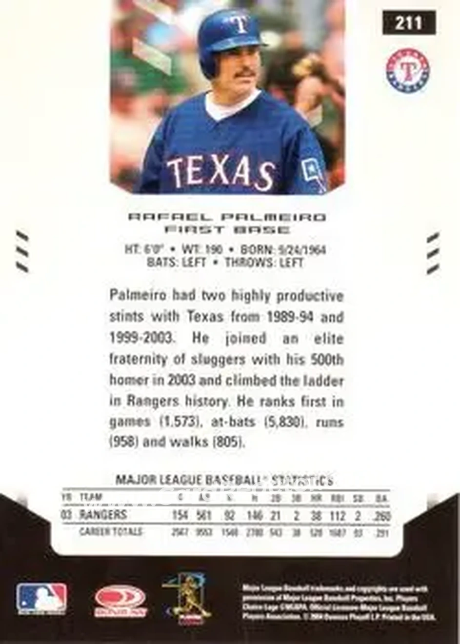 2004 Leaf Certified Materials #211 - Rafael Palmeiro - Texas Rangers - Back
