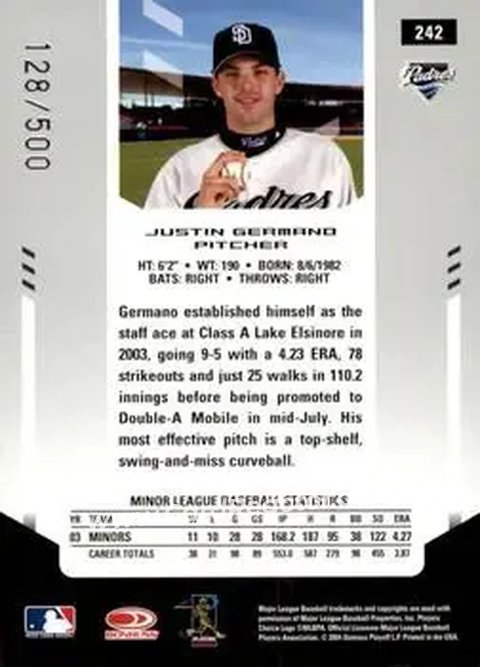 2004 Leaf Certified Materials #242 - Justin Germano - San Diego Padres - Back
