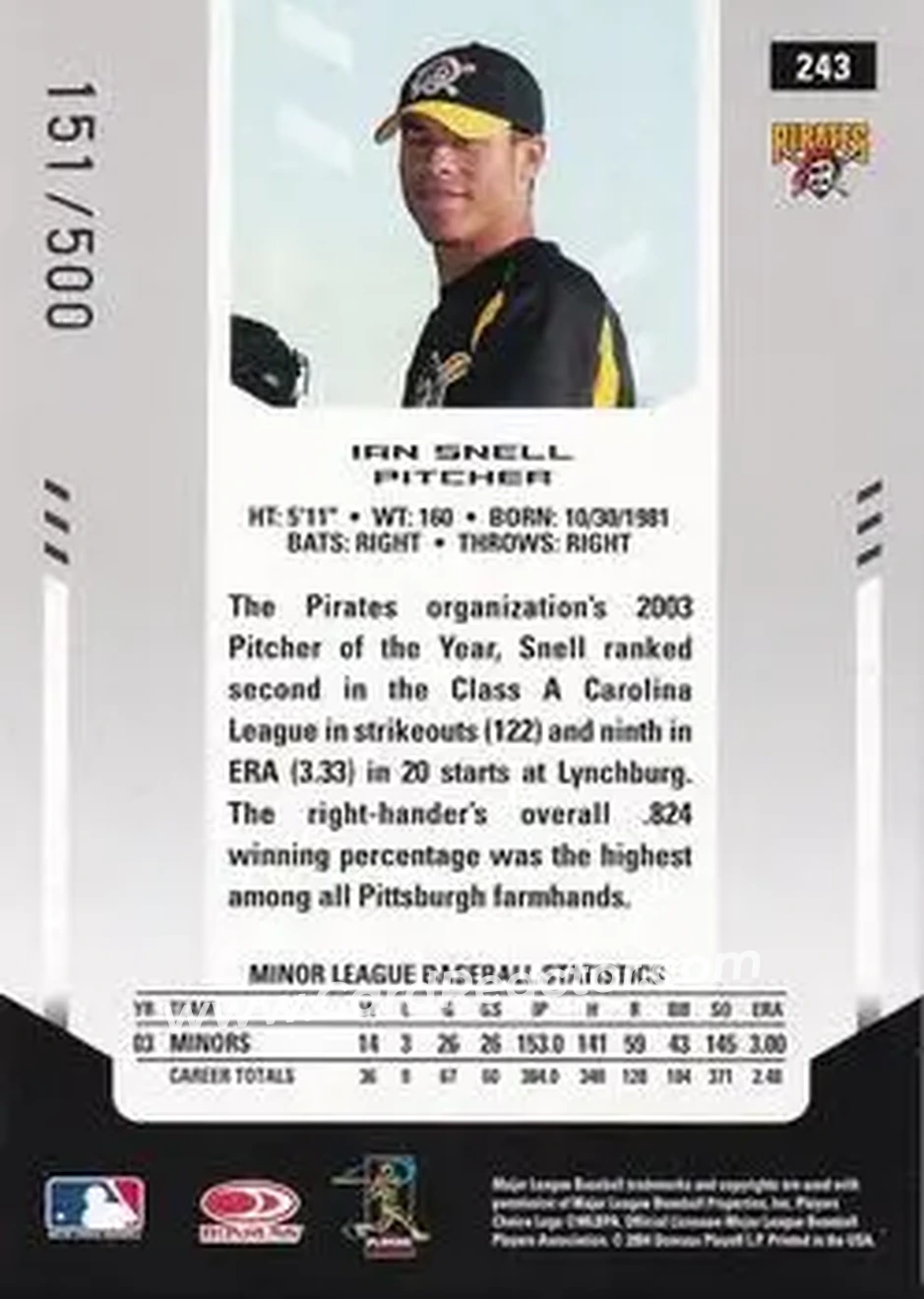 2004 Leaf Certified Materials #243 - Ian Snell - Pittsburgh Pirates - Back