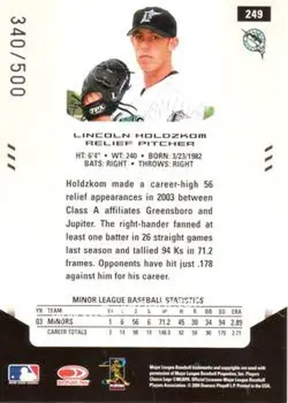 2004 Leaf Certified Materials #249 - Lincoln Holdzkom - Florida Marlins - Back