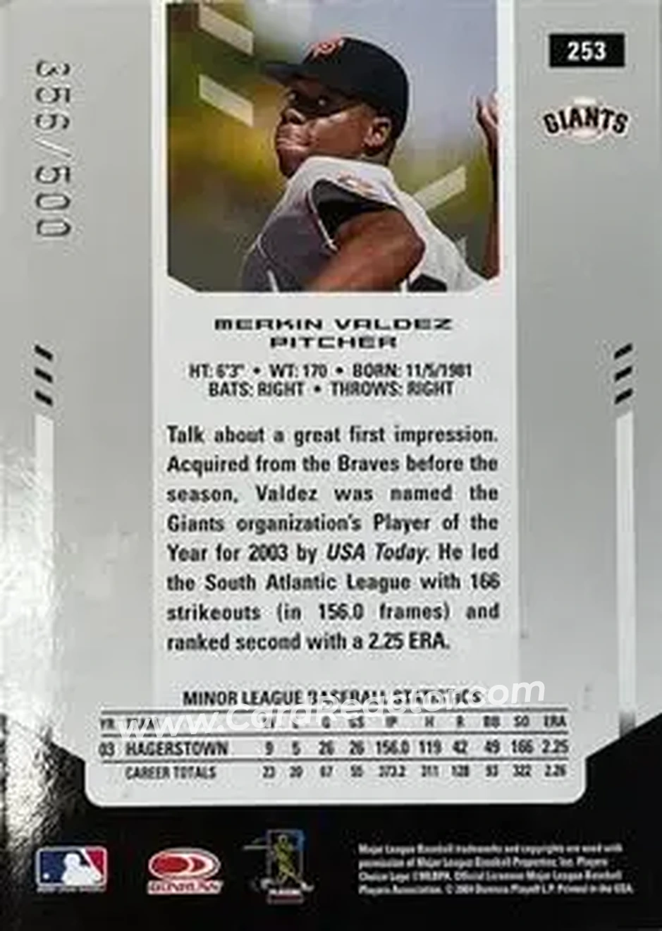 2004 Leaf Certified Materials #253 - Merkin Valdez - San Francisco Giants - Back