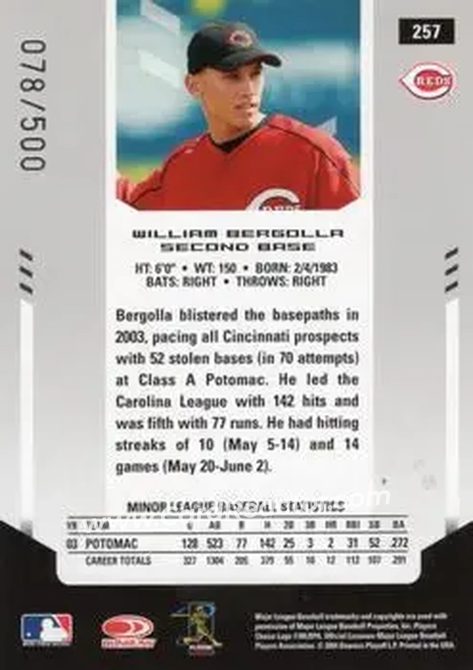 2004 Leaf Certified Materials #257 - William Bergolla - Cincinnati Reds - Back