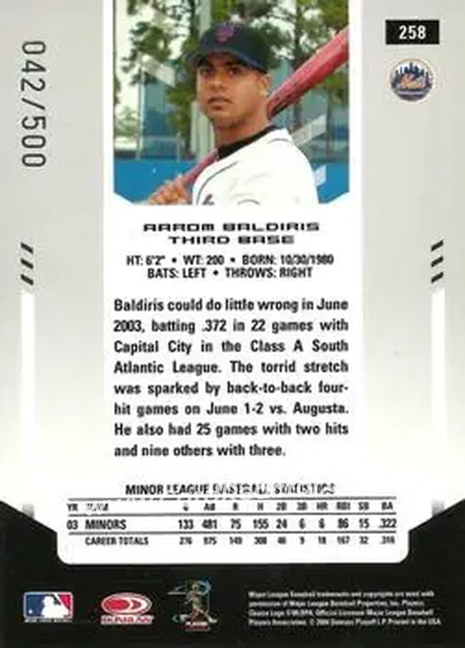 2004 Leaf Certified Materials #258 - Aarom Baldiris - New York Mets - Back 2004 Leaf Certified Materials #258 - Aarom Baldiris - New York Mets - Back